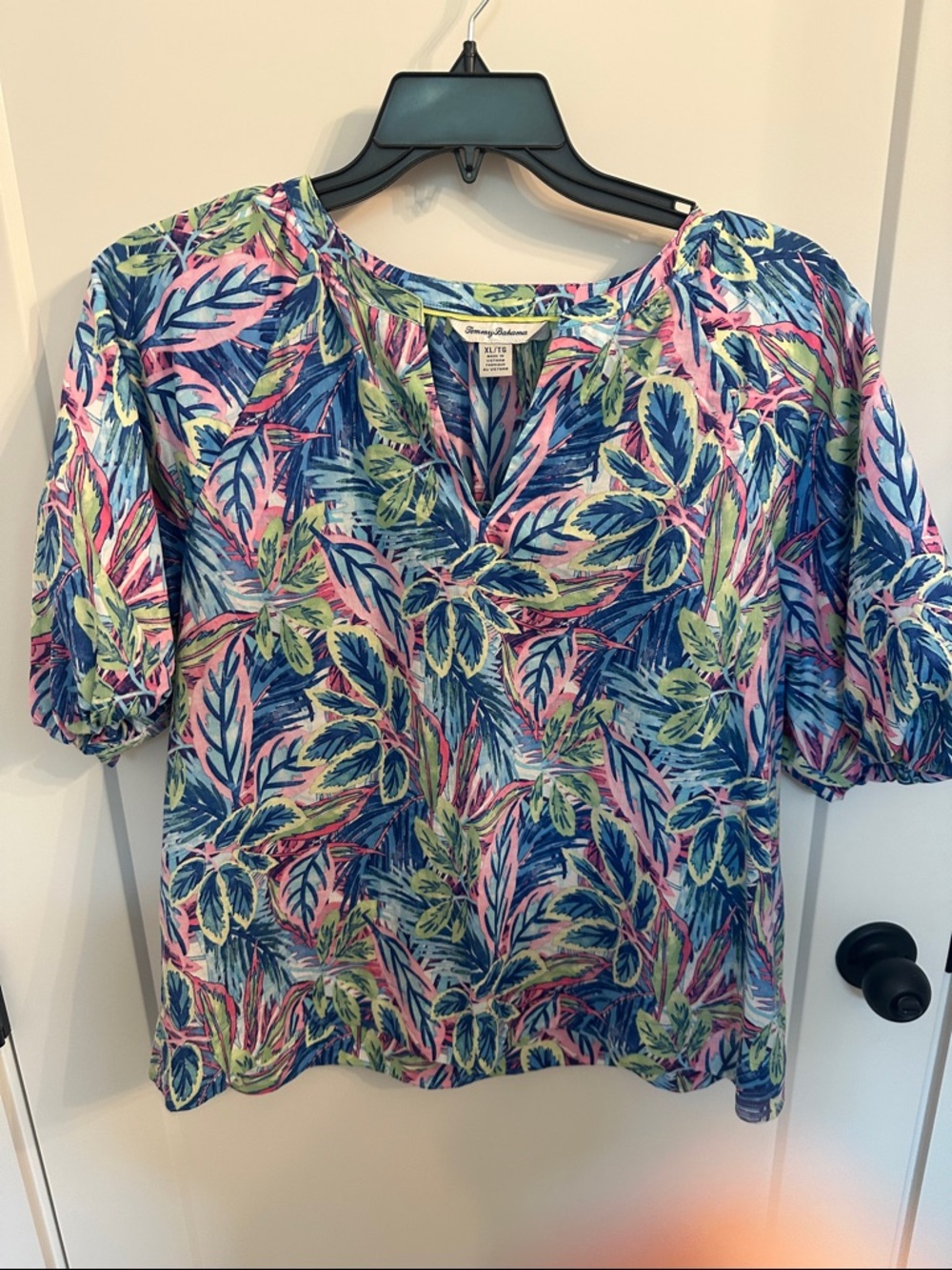Tommy Bahama Tropical Leaf V-Neck Blouse - Blue, Pink, Green